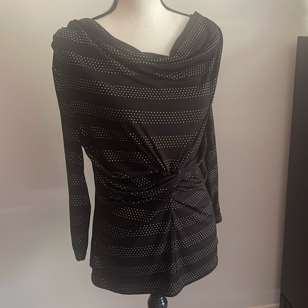 Ellen Tracy Black Dressy Top with Gold Tone Stud Details Draped Long Sleeve M